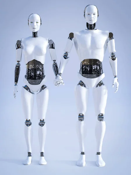 Renderowania 3D robot płci męskiej i żeńskiej, trzymając się za ręce. — Zdjęcie stockowe