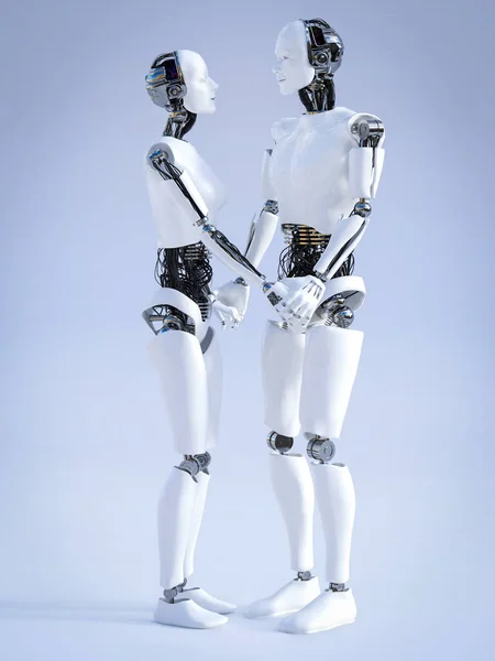 Representación 3D del robot masculino y femenino cogido de la mano . —  Fotos de Stock