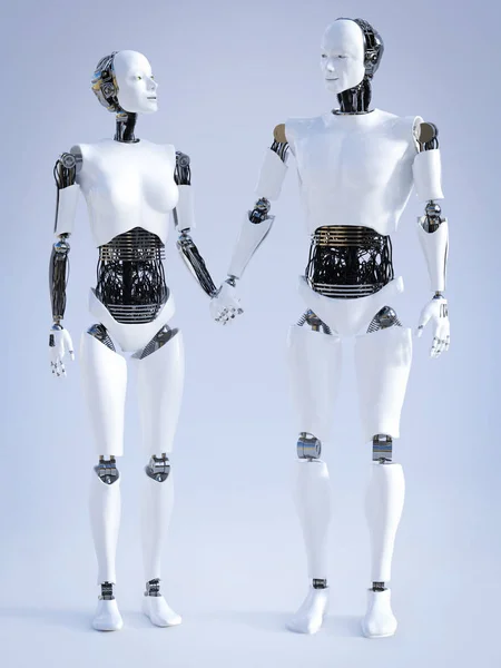 3D-rendering van mannelijke en vrouwelijke robot hand in hand. — Stockfoto