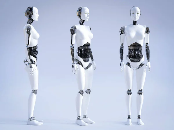 3D-gjengivelse av kvinnelige roboter stående, tre ulike vinkler . – stockfoto