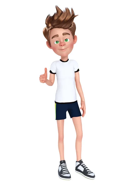 3D-weergave van een jongen van de cartoon doet een thumbs up. — Stockfoto