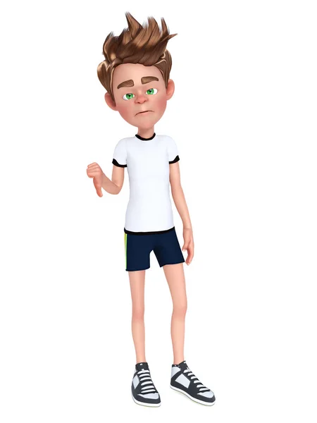 3D-weergave van een jongen van de cartoon doet een thumbs down. — Stockfoto