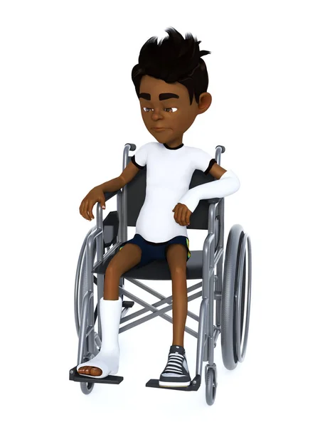 Rendu 3D d'un garçon de bande dessinée noir assis dans un fauteuil roulant . — Photo