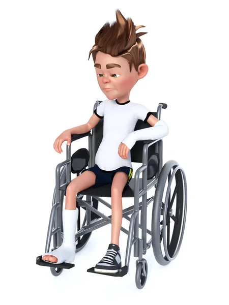 Rendu 3D d'un garçon de dessin animé assis dans un fauteuil roulant . — Photo