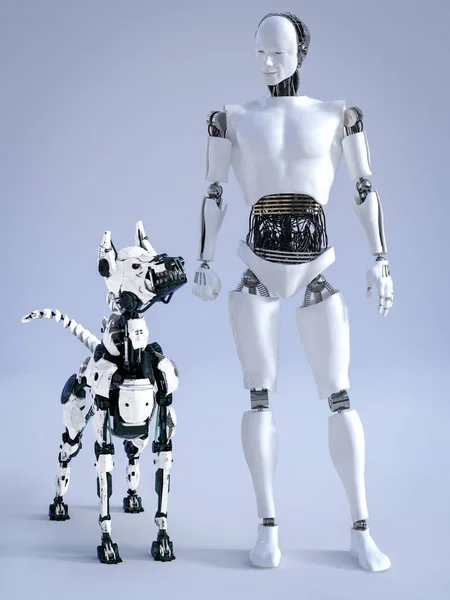 Redare 3D a robotului masculin cu un câine robot futurist . — Fotografie, imagine de stoc