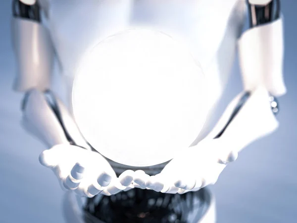Rendu 3D des mains de robot avec sphère d'énergie planant au-dessus . — Photo