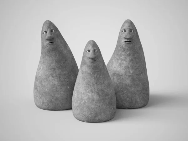 3D-Darstellung von drei Steinfiguren mit Gesichtern. — Stockfoto
