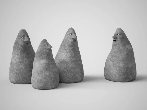 3D-Darstellung von vier Steinfiguren mit Gesichtern. — Stockfoto