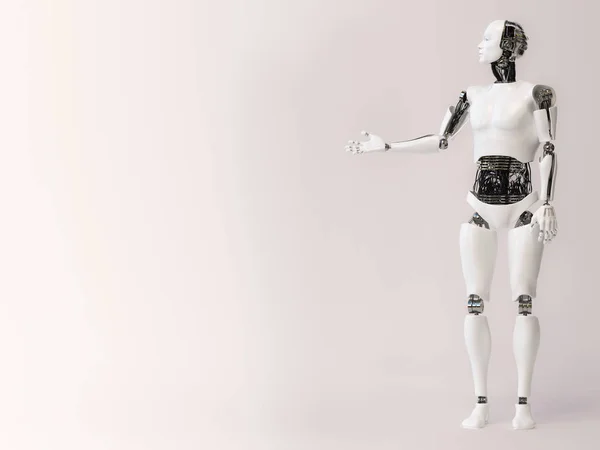 3D-gjengivelse av mannlig robot som presenterer noe . – stockfoto