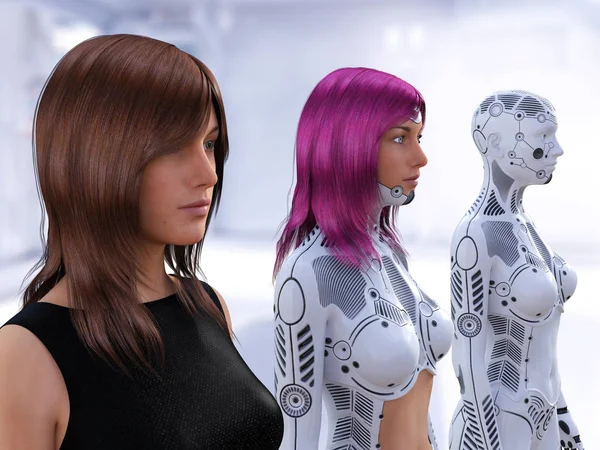 Kadın robotların evriminin 3d render. — Stok fotoğraf