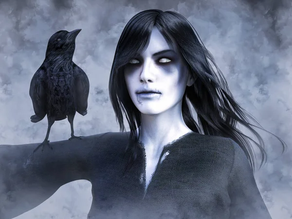 Representación 3D de mujer fantasma con cuervo en su brazo . —  Fotos de Stock