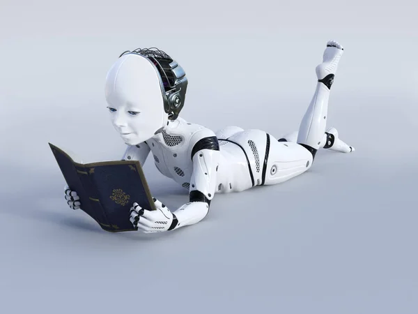 Rendering 3D di un bambino robotico che legge un libro . — Foto Stock