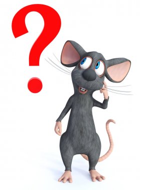 Soru işareti ile karışık bir karikatür fare 3d render.