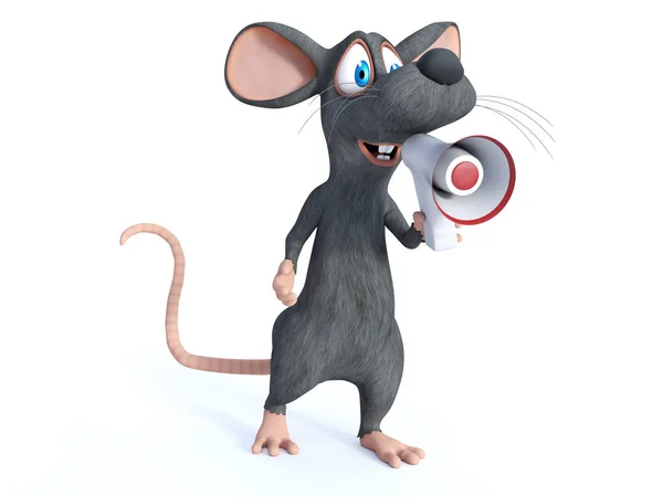 Representación 3D de un ratón de dibujos animados que sostiene el megáfono . — Foto de Stock