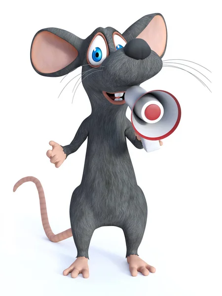3D-rendering av en tecknad mus Holding MegaFon. — Stockfoto