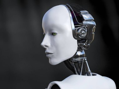 kadın robot üzgün seyir 3D render.