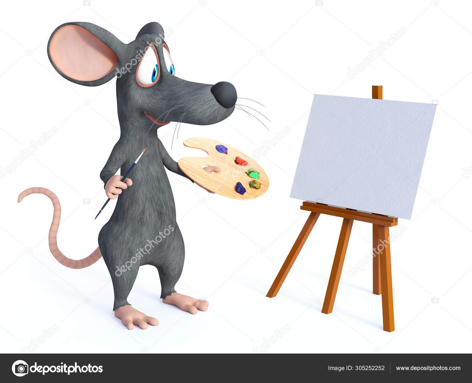 Representación 3D de un ratón de dibujos animados con pinceles y
