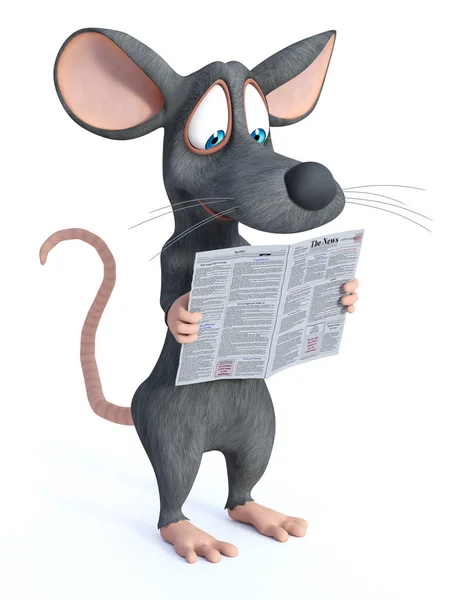 3D rendering of a smiling cartoon mouse reading a newspaper. — Stock Photo, Image