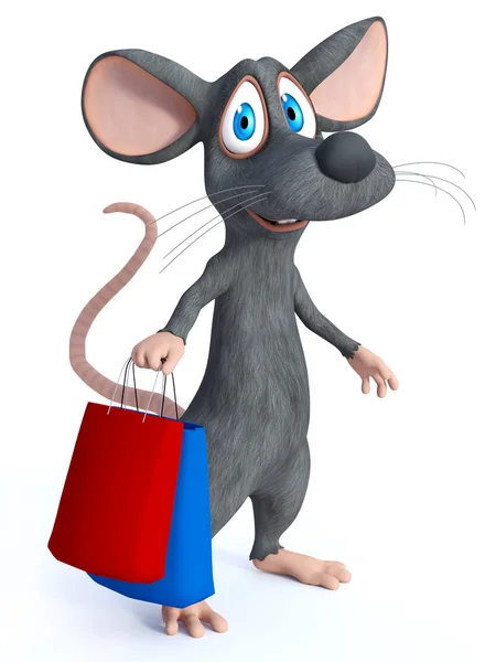 Representación 3D de un ratón de dibujos animados sosteniendo bolsas de compras . — Foto de Stock