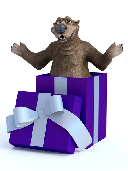 3D-rendering van een cartoon beer in een geschenk doos. — Stockfoto