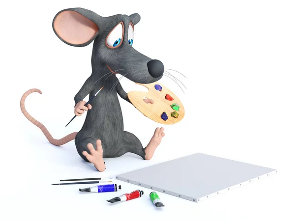 Representación 3D de un ratón de dibujos animados que sostiene el pincel y la paleta . — Foto de Stock