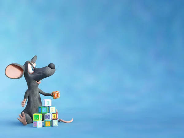 3D-rendering van een lachende cartoon muis spelen met speelgoed blokken. — Stockfoto