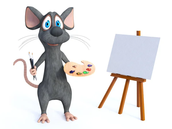 3D-Rendering einer Cartoon-Maus mit Pinseln und Palette. — Stockfoto