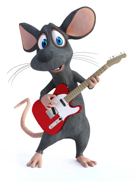 3D-rendering van een cartoon muis die elektrische gitaar speelt. — Stockfoto