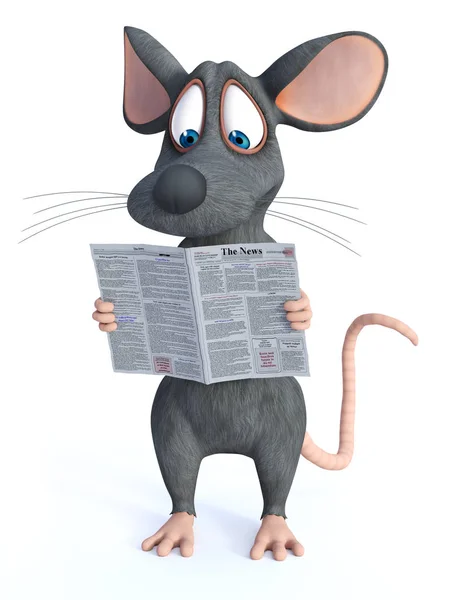 3D-рендеринг мультяшной мыши, читающей газету . — стоковое фото