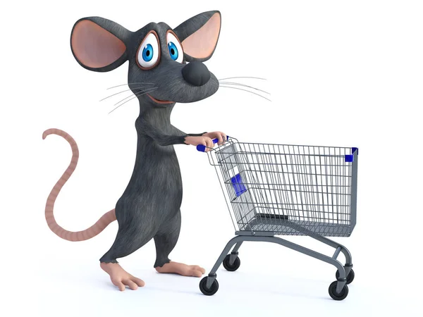 Representación 3D de un ratón de dibujos animados con carrito de compras . — Foto de Stock
