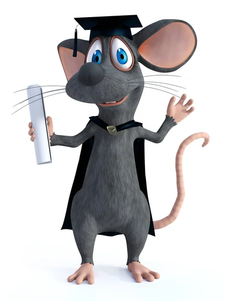 Representación 3D de un ratón de dibujos animados graduándose . — Foto de Stock