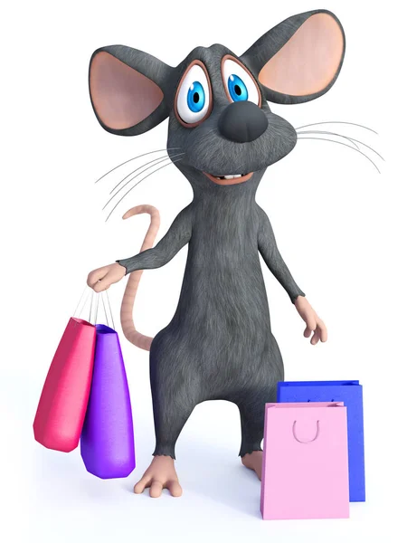 3D απόδοση ενός καρτούν ποντίκι κρατώντας σακούλες αγορών. — Φωτογραφία Αρχείου