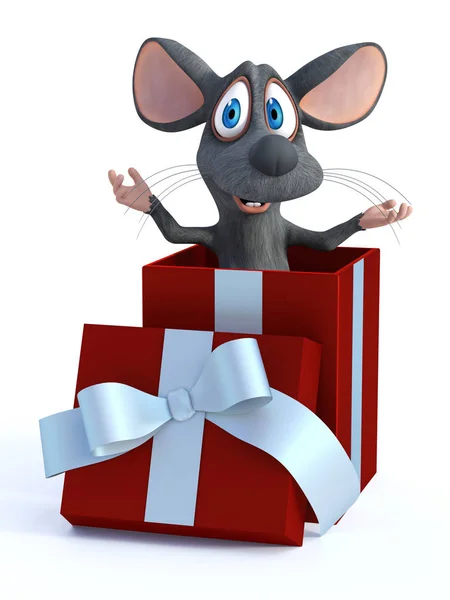 3D-rendering van een cartoon muis in een geschenkverpakking. — Stockfoto