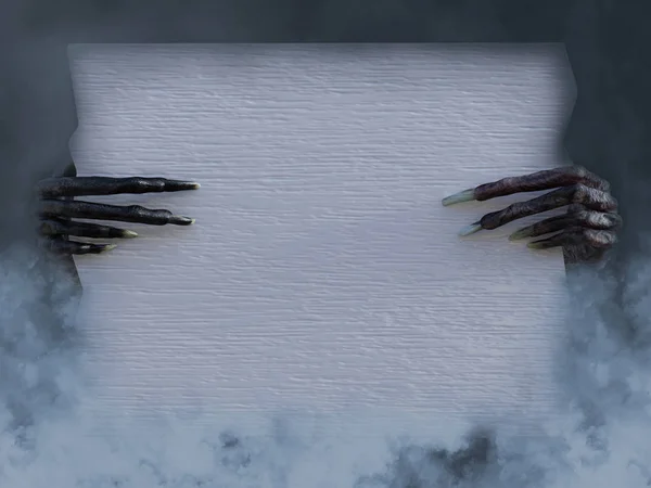 3D-Darstellung von Monsterhänden, die leeres weißes Zeichen halten. — Stockfoto