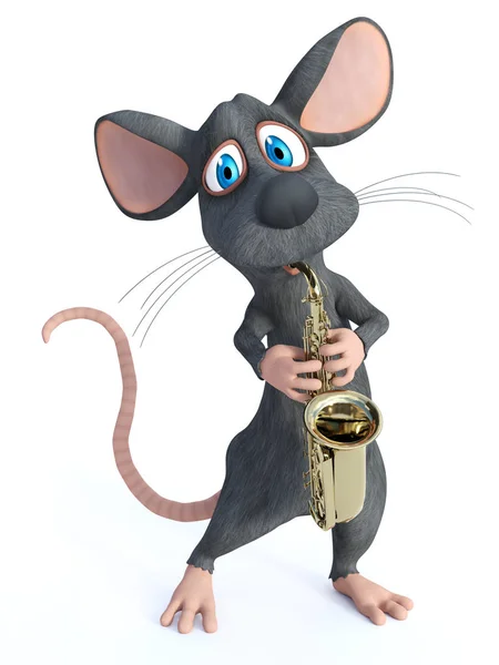 3D-rendering av en tecknad mus spelar saxofon. — Stockfoto