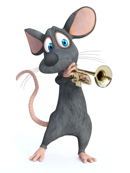 3D renderização de um rato dos desenhos animados tocando trompete . — Fotografia de Stock