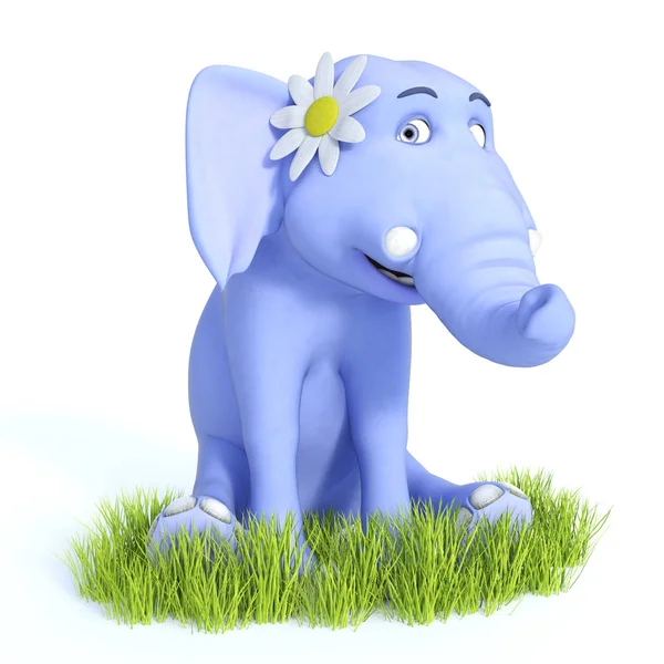 Rendu 3D de mignon bébé éléphant bleu toon assis et souriant — Photo