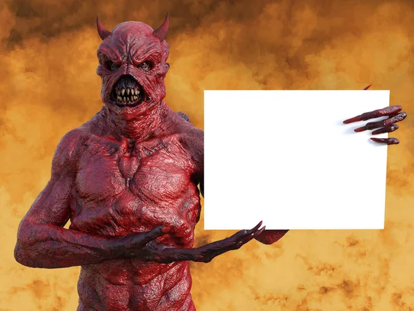 Rendu 3D d'un diable en enfer tenant signe . — Photo