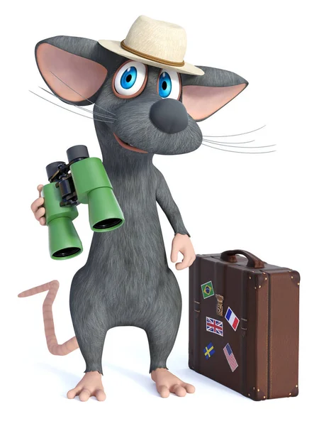 3D renderização de um rato cartoon binóculos exploração turística . — Fotografia de Stock