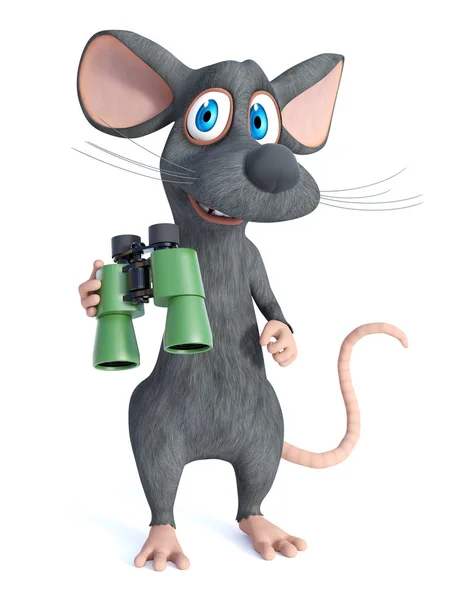 Renderização 3D de um rato de desenho animado com binóculos . — Fotografia de Stock