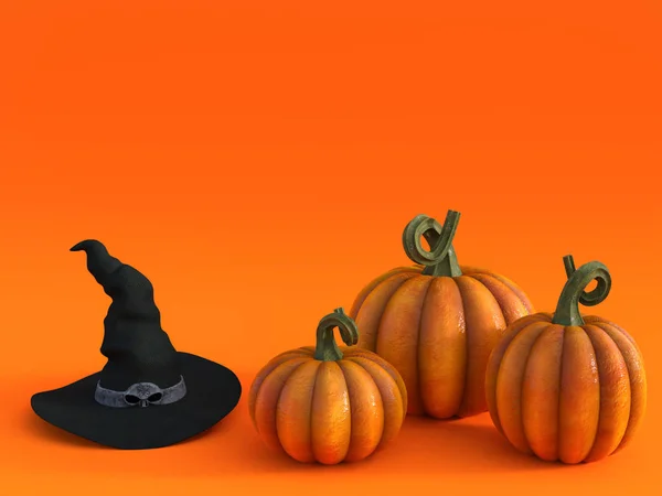 3D vykreslování podzimní dýně a přání na pozdrav čarodějnické čepici. — Stock fotografie
