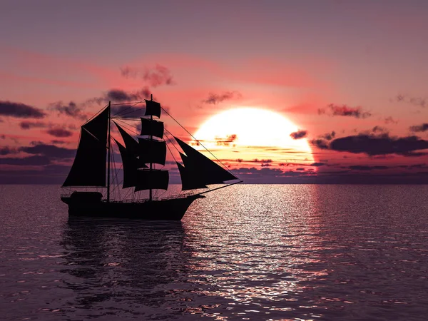 Renderização 3D de um navio no mar ao pôr-do-sol . — Fotografia de Stock