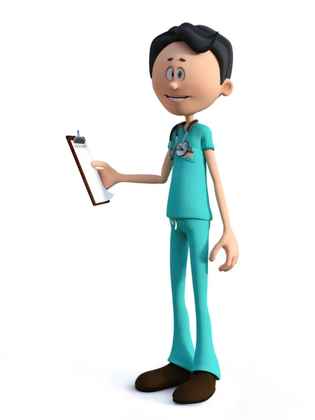 Renderowanie Młodego Lekarza Kreskówek Noszącego Stetoskop Trzymającego Schowek Lub Kartę — Zdjęcie stockowe
