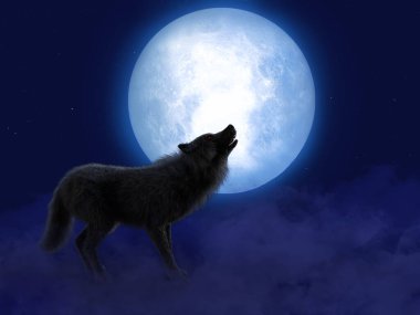 Büyük ay 'a uluyan parlayan kırmızı gözlü bir kurt adam ya da kurtadamın 3 boyutlu görüntüsü. Gece gökyüzünde yıldızlar, yerde sis.