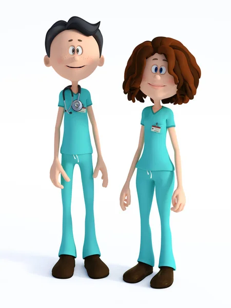 Representación Joven Médico Dibujos Animados Sonriente Usando Estetoscopio Una Enfermera — Foto de Stock