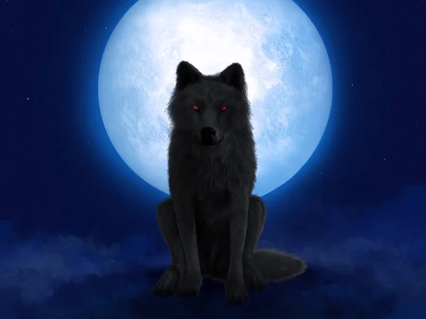 Rendering Black Wolf Werewolf Glowing Red Eyes Sitting Front Big — Stock Photo, Image