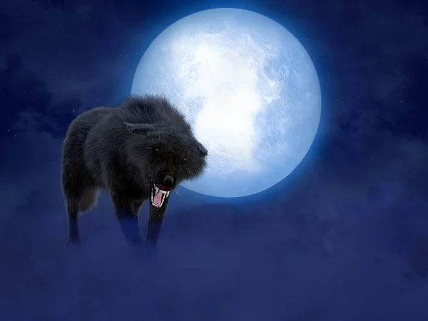 Rendering Black Growling Aggressive Wolf Werewolf Glowing Red Eyes Front — Stock Photo, Image