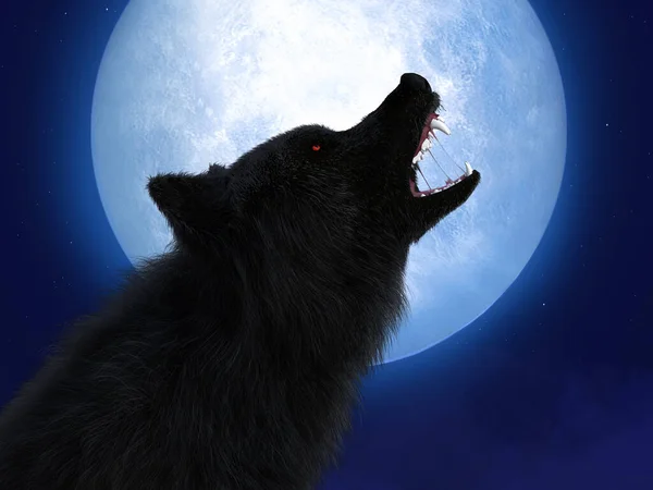 Rendering Black Wolf Werewolf Glowing Red Eyes Howling Big Moon — Stock Photo, Image