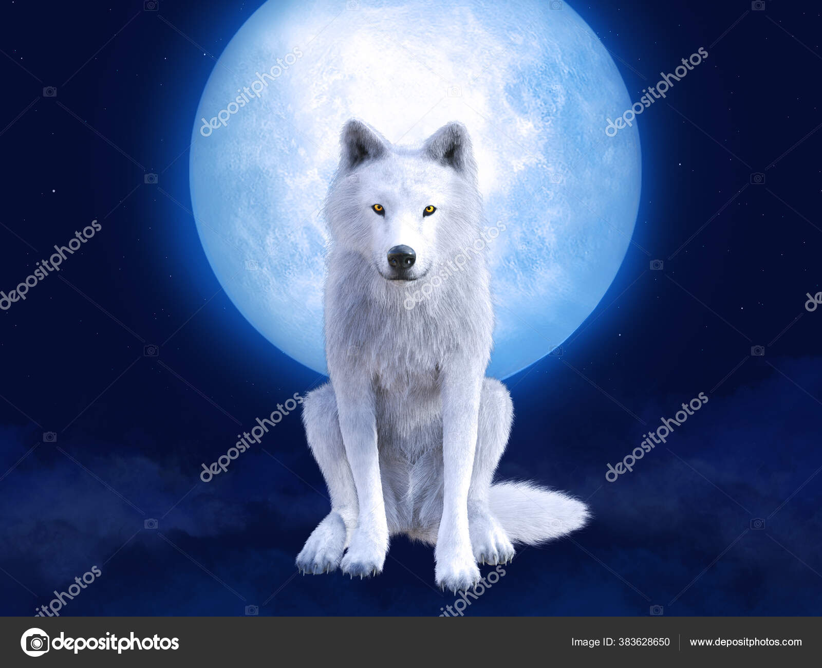 Рендеринг Величественного Белого Волка Сидящего Перед Большой.