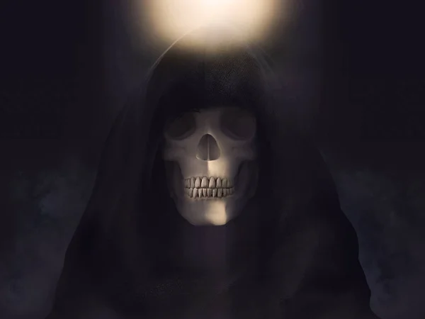 灰暗的收割者的画像或穿着黑色斗篷的死亡骷髅 3D渲染 黑暗背景 — 图库照片